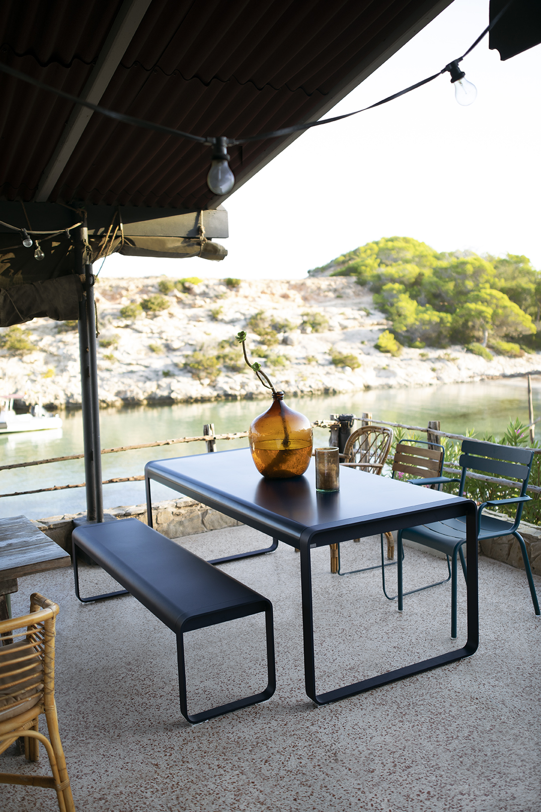 Bellevie table and bench in Acapulco Blue Bellevie table and bench in Acapulco Blue