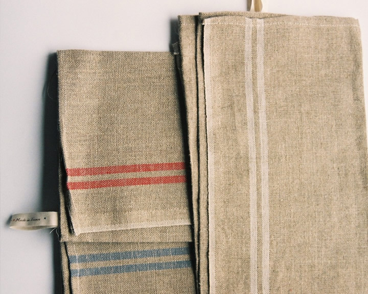 Washed French linen tea towel (lower left: natural with blue stripe, upper left: natural with red stripe, right: natural with ecru stripe)