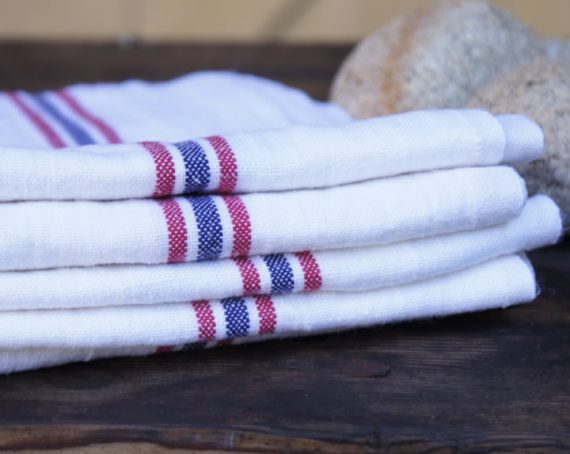 French linen tea towel with red & blue stripe
