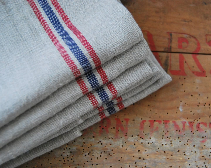 French linen tea towel with red & blue stripe
