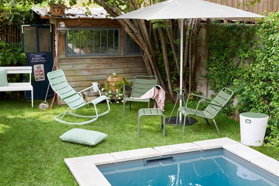 Luxembourg low armchair and low table/footrest in Cactus, Luxembourg rocking chair in Ice Mint