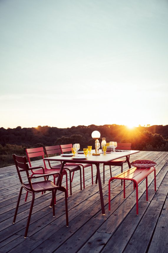 Luxembourg armchairs, chairs, 207 x 100 table and bench, Mooon! lamp