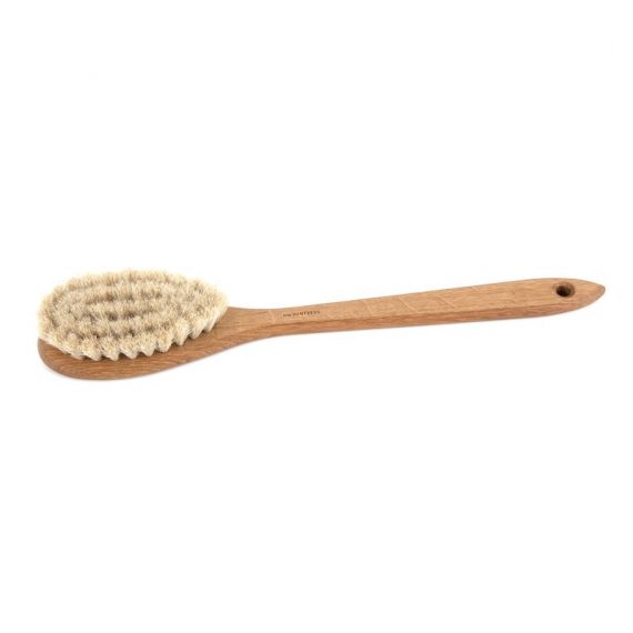 Bath brush with handle; oil treated oak, horsehair