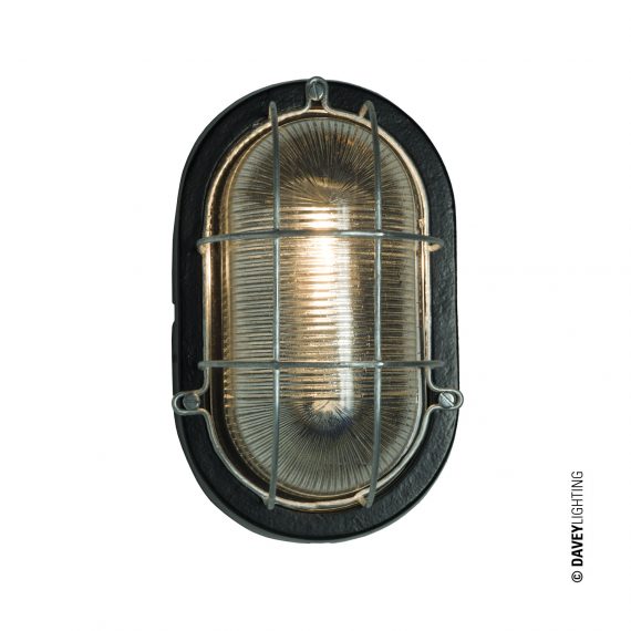 Oval aluminium bulkhead light with wire guard in black (DP7003.AL.G24)