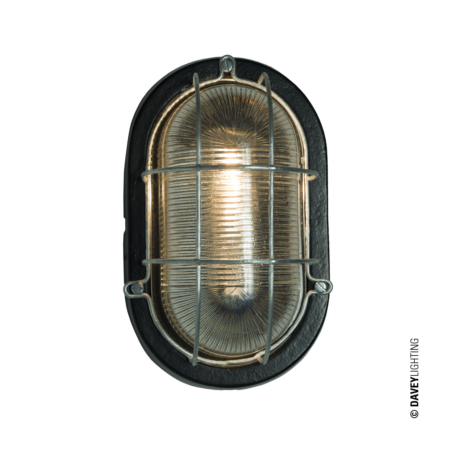 Oval aluminium bulkhead light with wire guard, by Davey Lighting from