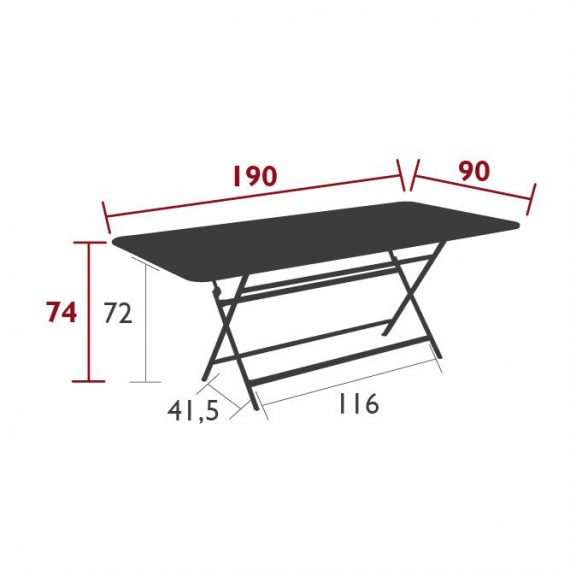Caractère rectangular table, 190 cm by 90 cm, dimensions