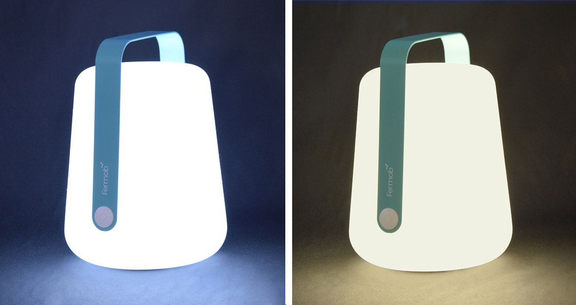 Balad lamps showing different colour temperatures; left: cool-white, right: warm-white