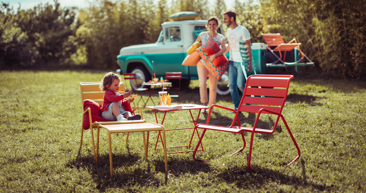 Tom Pouce table 50 x 50 and Monceau chair, Monceau footstool and Monceau rocking chair