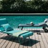 Dune sunlounger in Turquoise Blue and Storm Grey, Cocotte table or footstool in Turquoise Blue