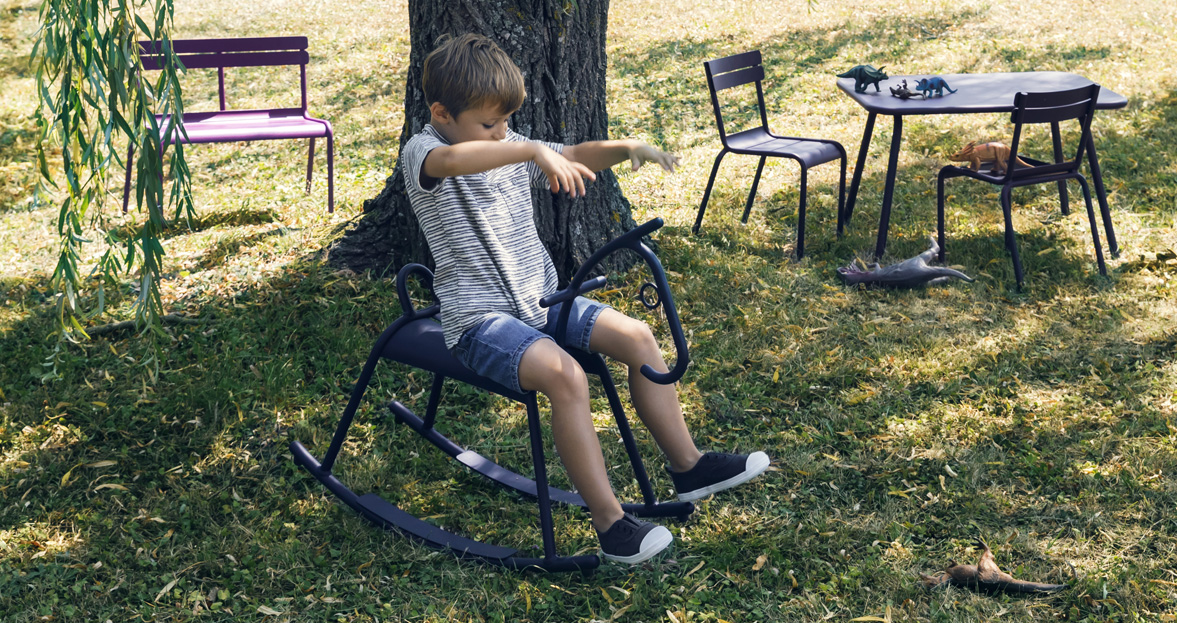 Adada rocking horse; in the background, Luxembourg Kid table, chair and bench