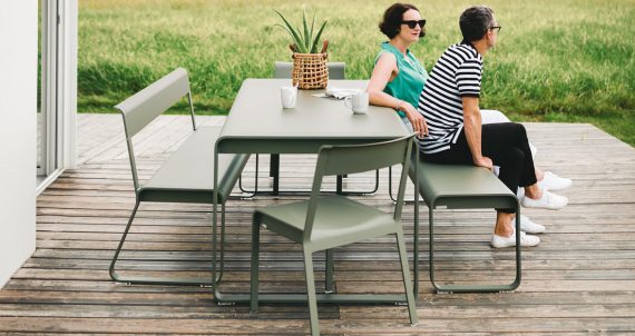 Bellevie table, bench with back and chair, all in Cactus