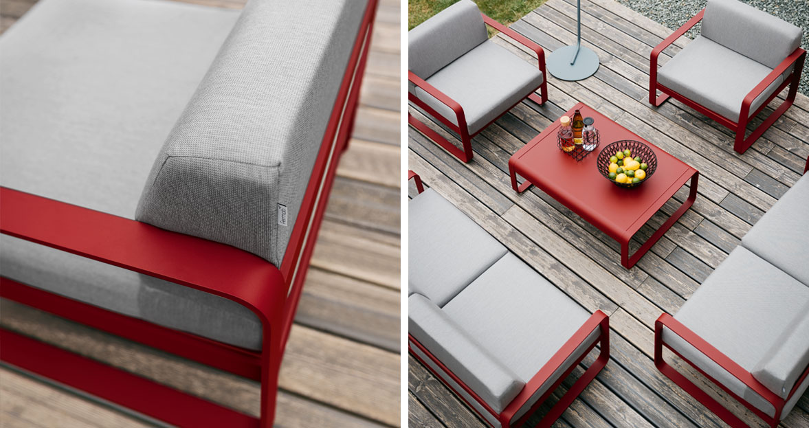 Bellevie two seat sofas, armchairs and low table in Chili with Flannel Grey cushions