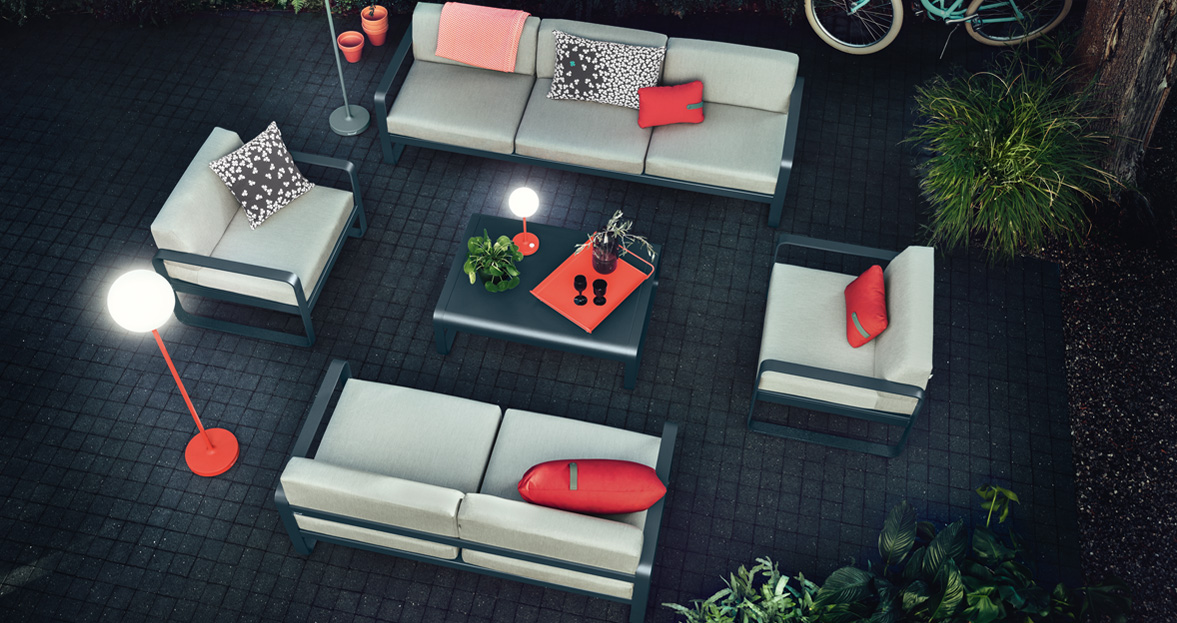 Bellevie three seat sofa, two seat sofa, armchairs and low table, all in Storm Grey