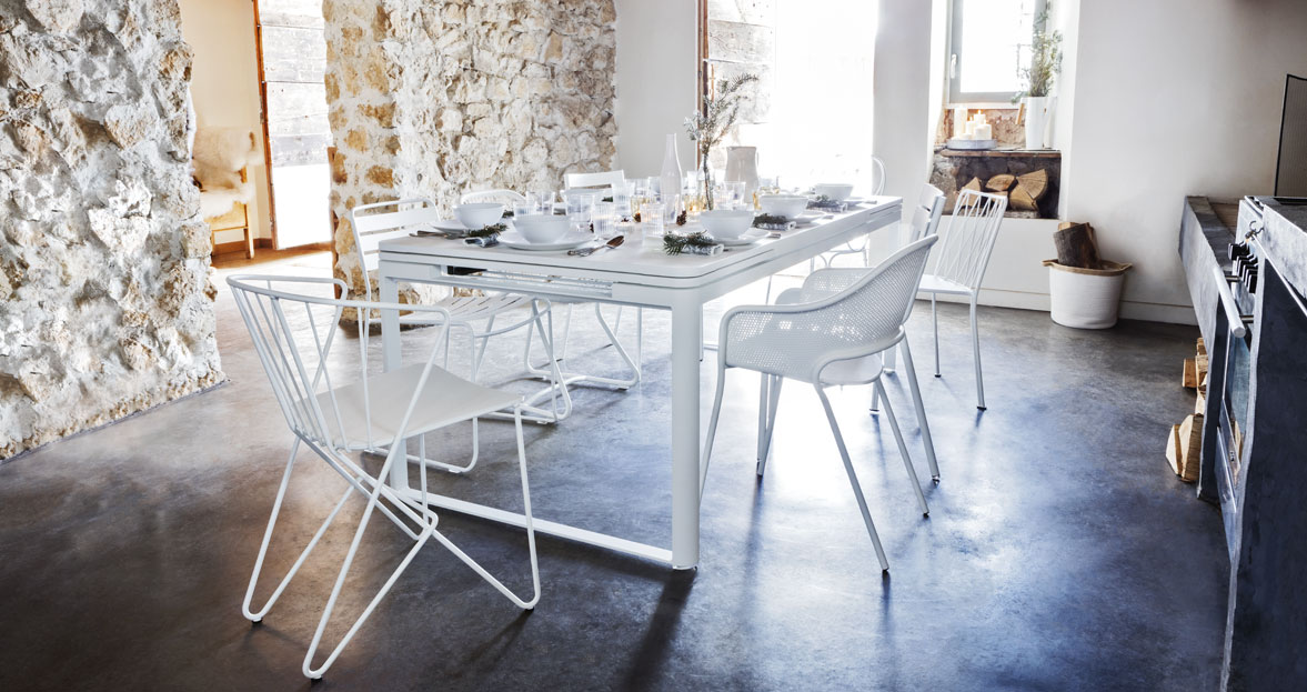 Biarritz table, with Flower chair (front), Rendez-vouz chair (mid-right), Kintbury chair (right), Surprising chair (back-left), all in Cotton White