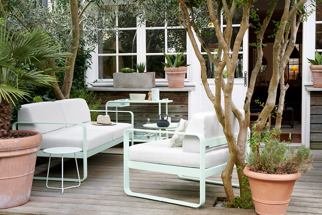 Bellevie sofa and armchair, Cocotte side table and Luxembourg drinks trolley in Ice Mint