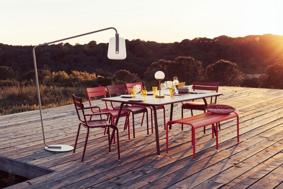 Luxembourg armchairs, chairs, 207 x 100 table and bench, Balad and Mooon! lamp