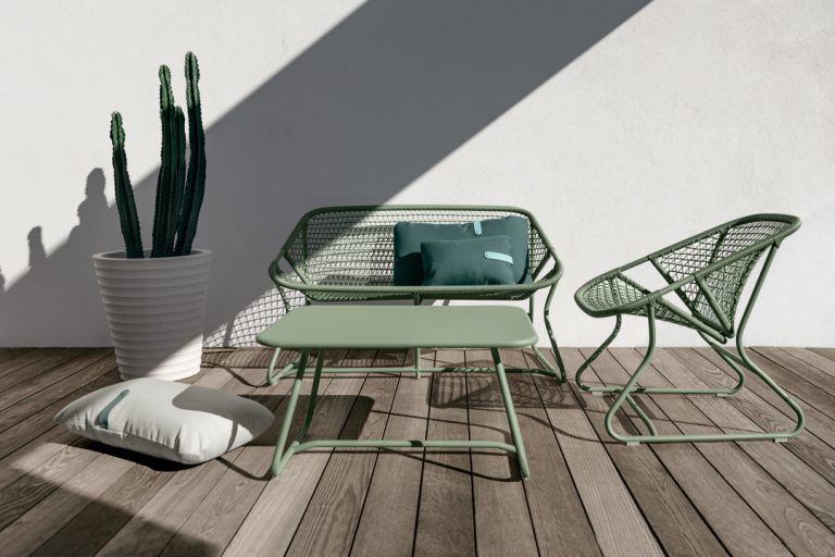 Sixties armchair, bench and low table, all in Cactus