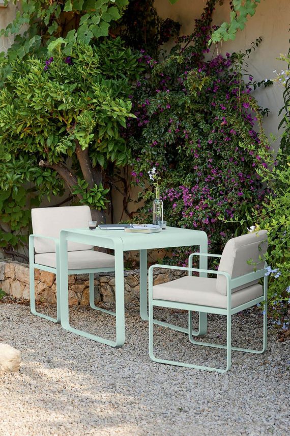 Bellevie dining armchairs and Bellevie 74 cm × 80 cm table in Iced Mint