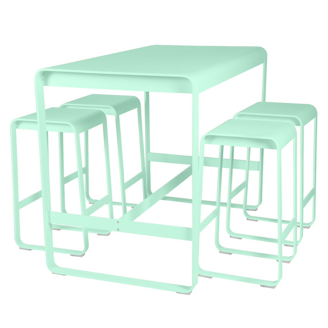 Bellevie high table 140 cm × 80 cm and Bellevie bar stools in Opaline Green