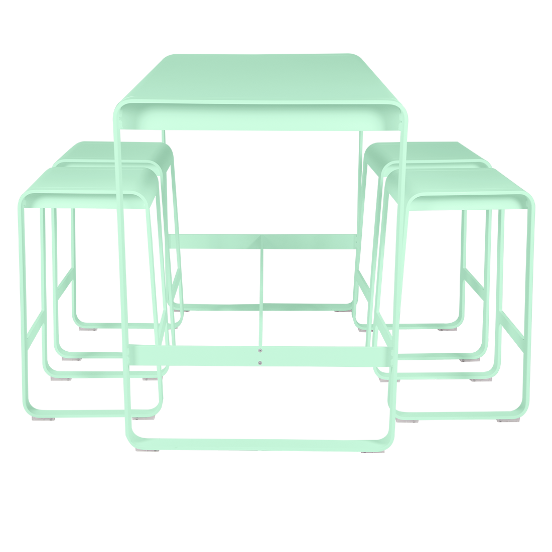 Bellevie high table 140 cm × 80 cm and Bellevie bar stools in Opaline Green
