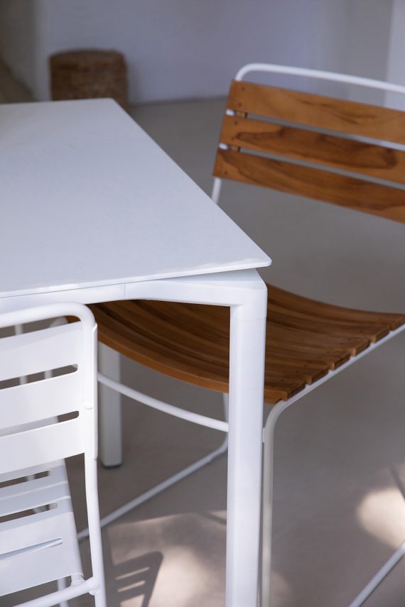 Calvi table, 195 cm by 95 cm, in Cotton White, Surprising chair teak, in Cotton White
