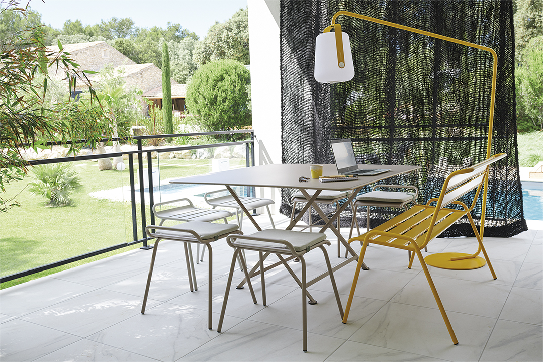 Monceau stools, table and bench, Balad lamp and stand