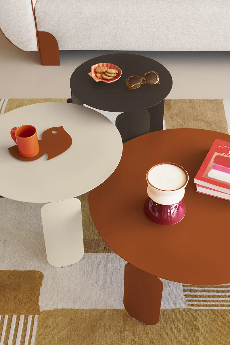 Bebop side tables in Candied Orange (E2), Tonka (E3) and Latte Beige (E8)