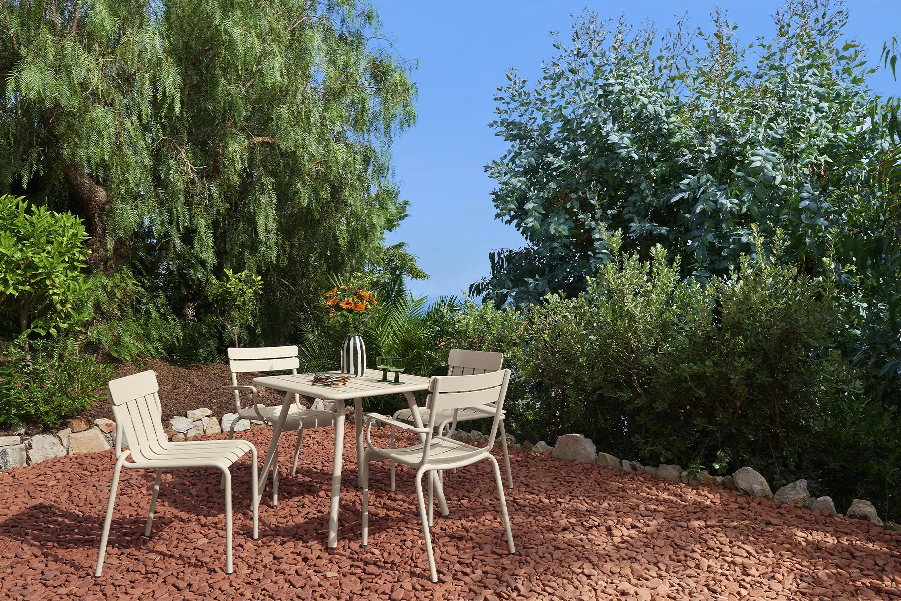 Luxembourg square table, Luxembourg armchairs and Stripe chairs, all in Latte Beige (E8)
